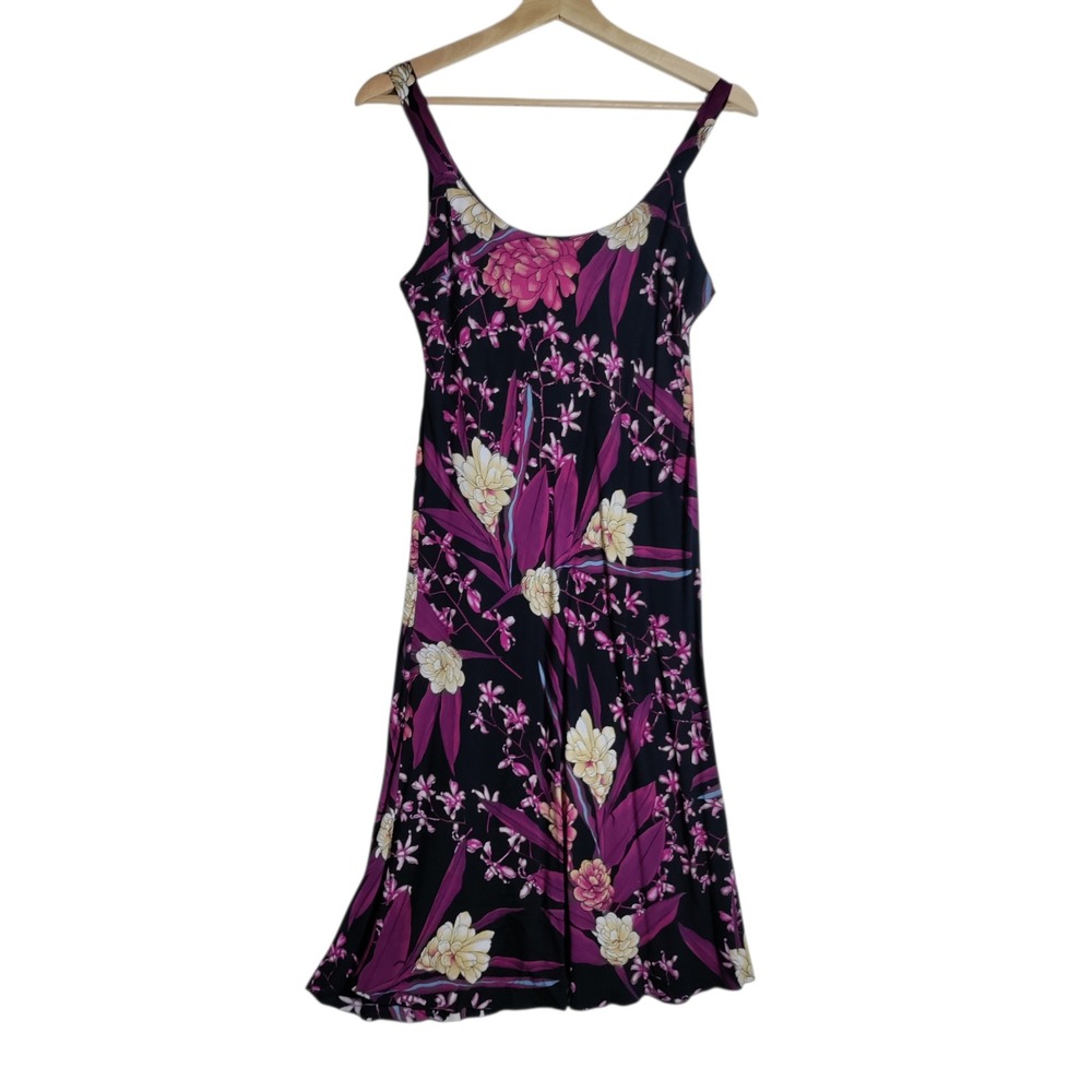 Rainbow Jo Womens Floral Midi Dress Black Pink Tropical Made in Indonesia M